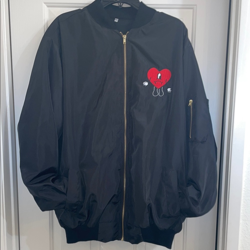 Bad bunny -Black Bomber Jacket with Red Heart Patch